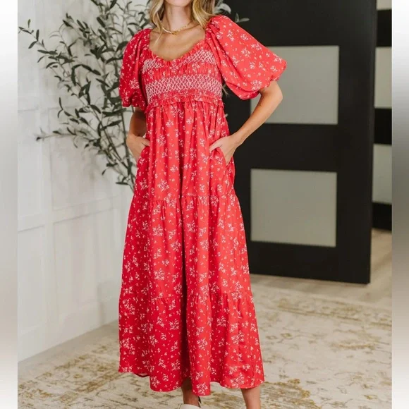 NWT Baevely Floral Smocked Midi/Maxi Puff Dress - Picture 1 of 15